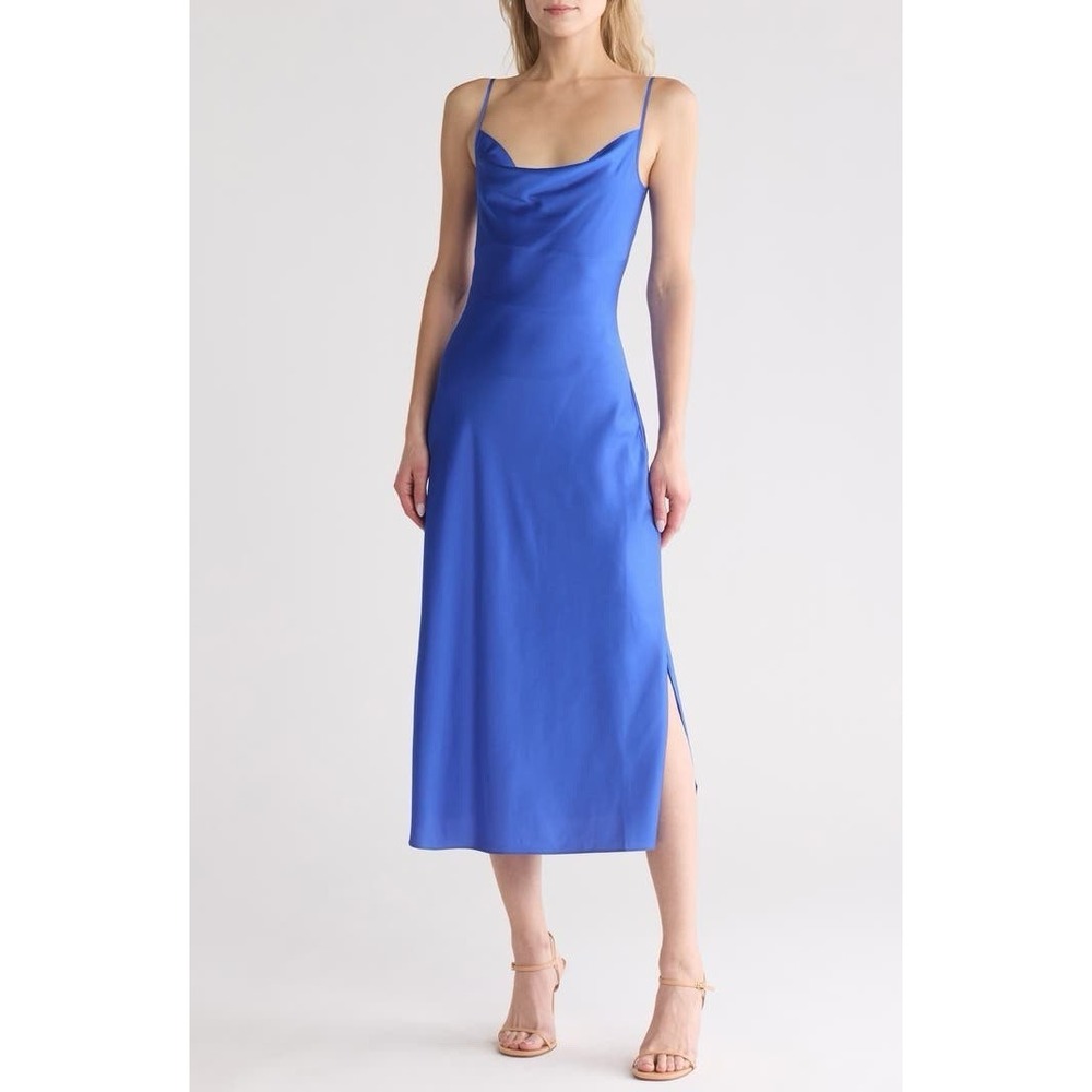 New! ALL SAINTS Hadley Dress Blue Satin Midi Slip Bias Cut Cowl Neck Evening Xs